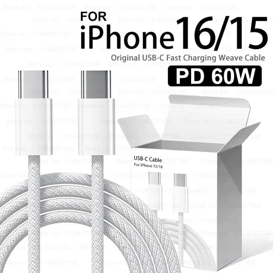 60W PD USB-C Fast Charging Cable for iPhone 16 15 Pro Max Plus Samsung Xiaomi