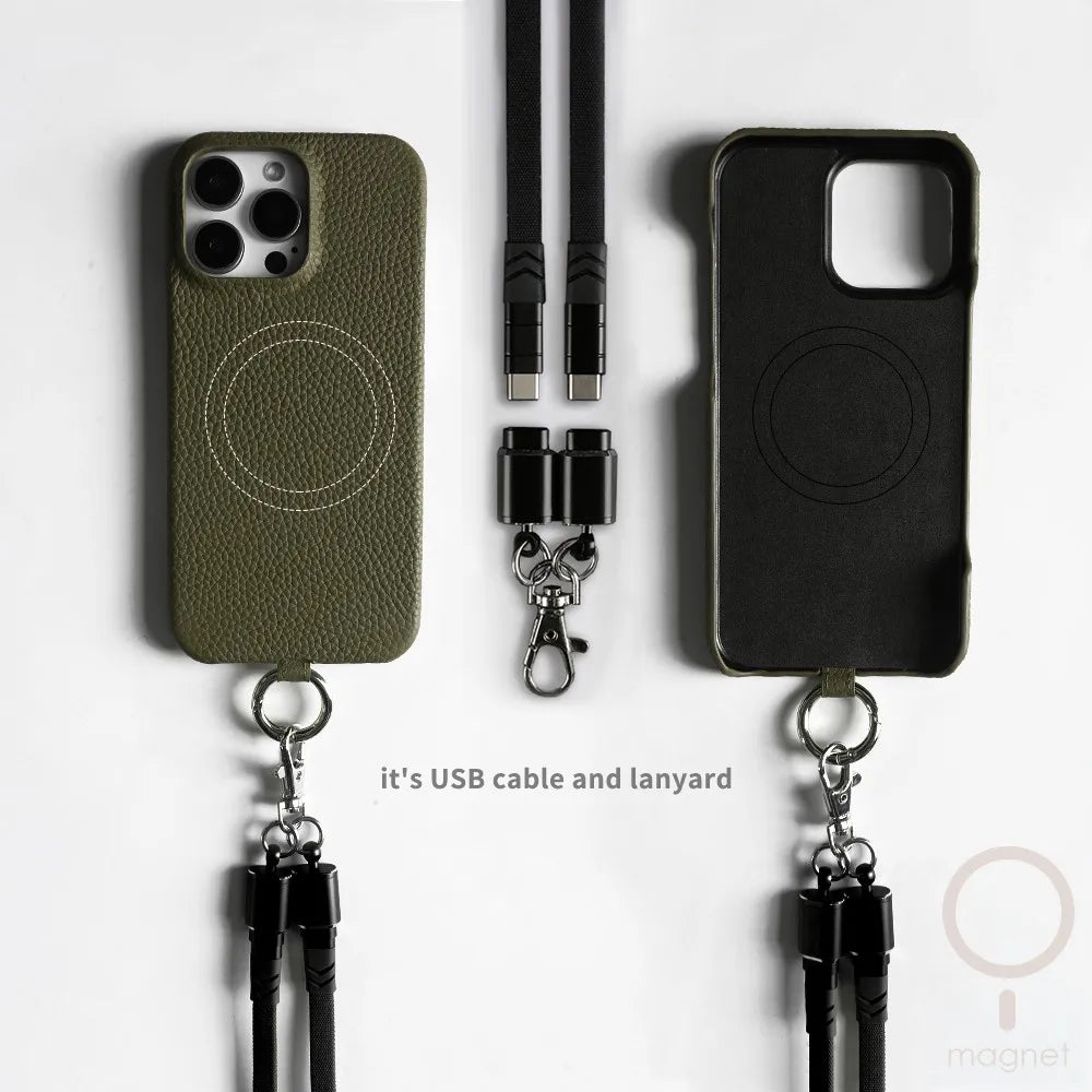 Leather MagSafe Case with USB Charging Lanyard for iPhone 13 12 11 Pro Max