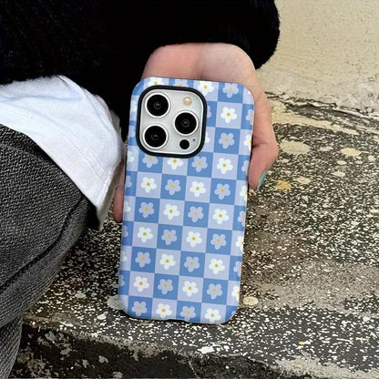 Luxury Plaid Flower Case for iPhone 16–7 Pro Max Double-Layer Cover