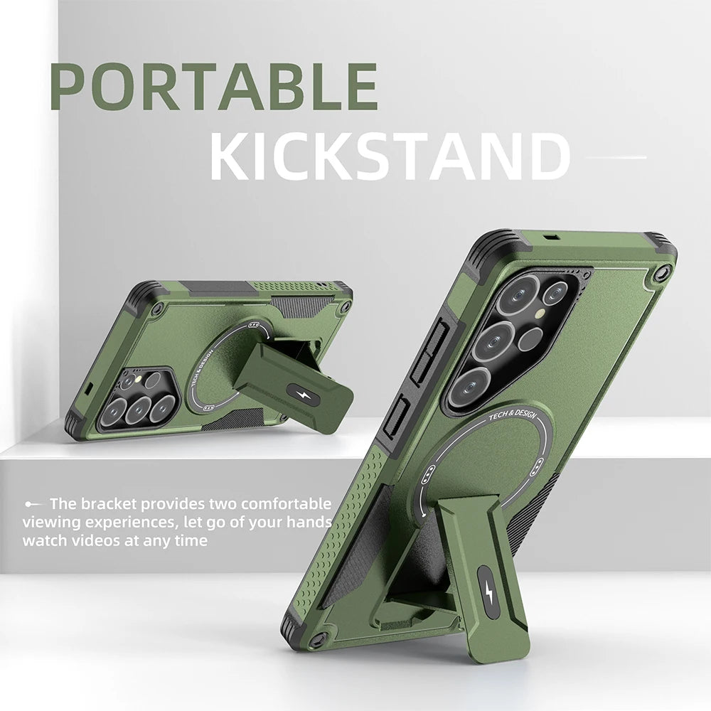 Foldable Magnetic Armor Case for Samsung S25 Ultra/S24 Plus with Stand & Wireless