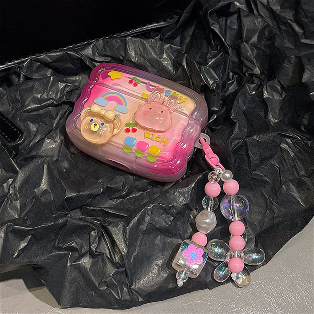 Korean 3D Rabbit Bear AirPods Case with Wavy Border & Beaded Pendant