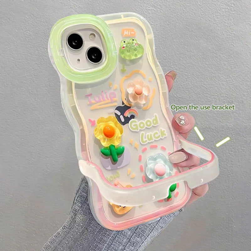 Flower Bracelet Chain Phone Case for iPhone 11–16 Pro Max – Frog & Rabbit Stand