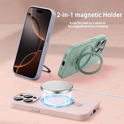 Magnetic Silicone Case with Kickstand Ring for iPhone 15 16 Pro Max Plus