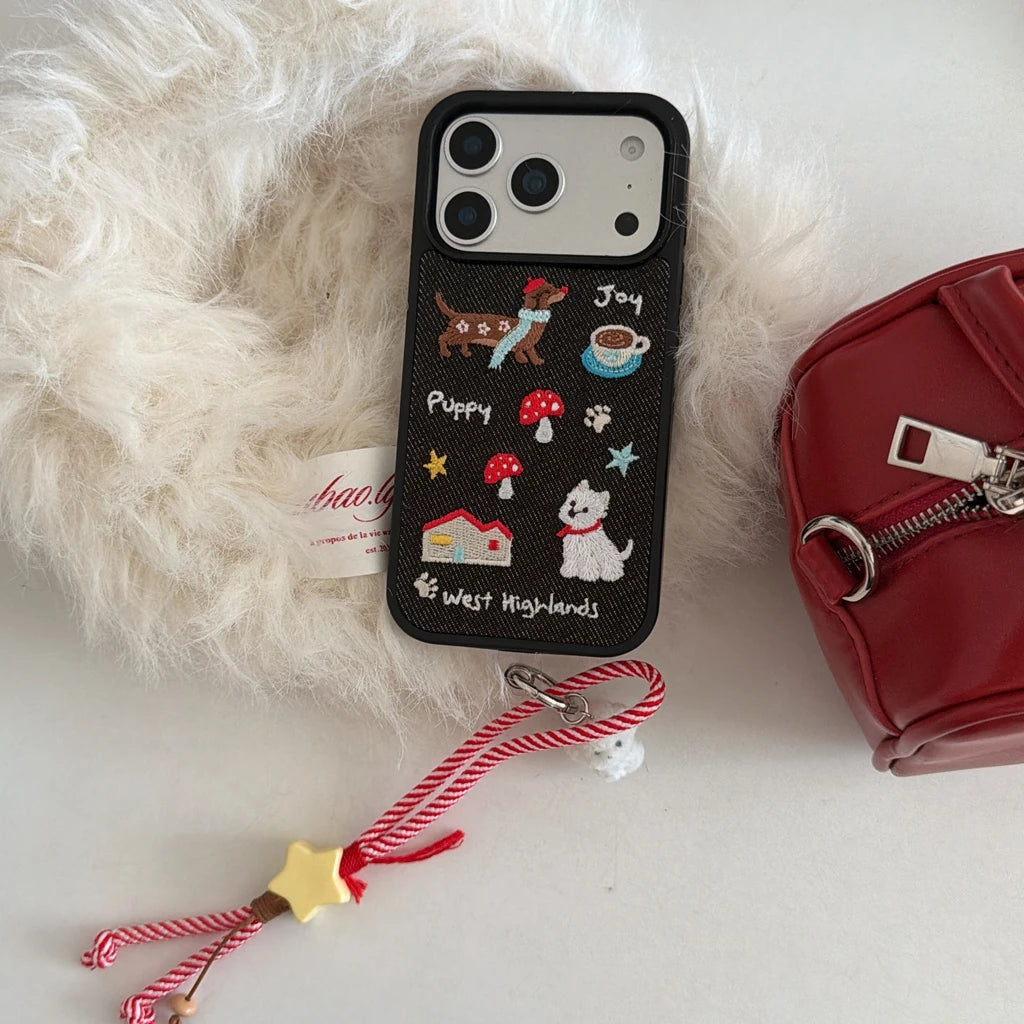 Cute Denim Embroidered Dachshund Phone Case with Lanyard for iPhone 17–14