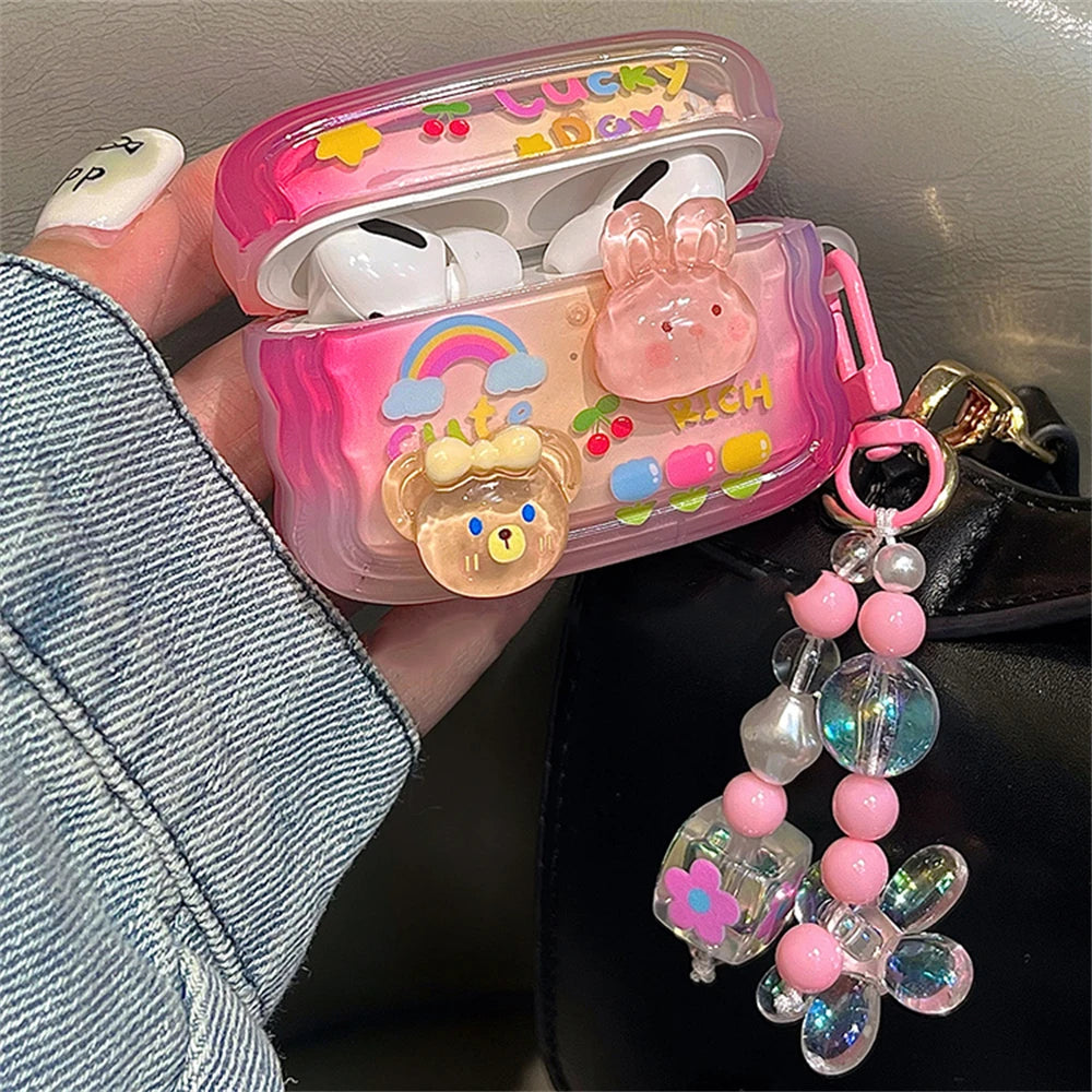 Korean 3D Rabbit Bear AirPods Case with Wavy Border & Beaded Pendant