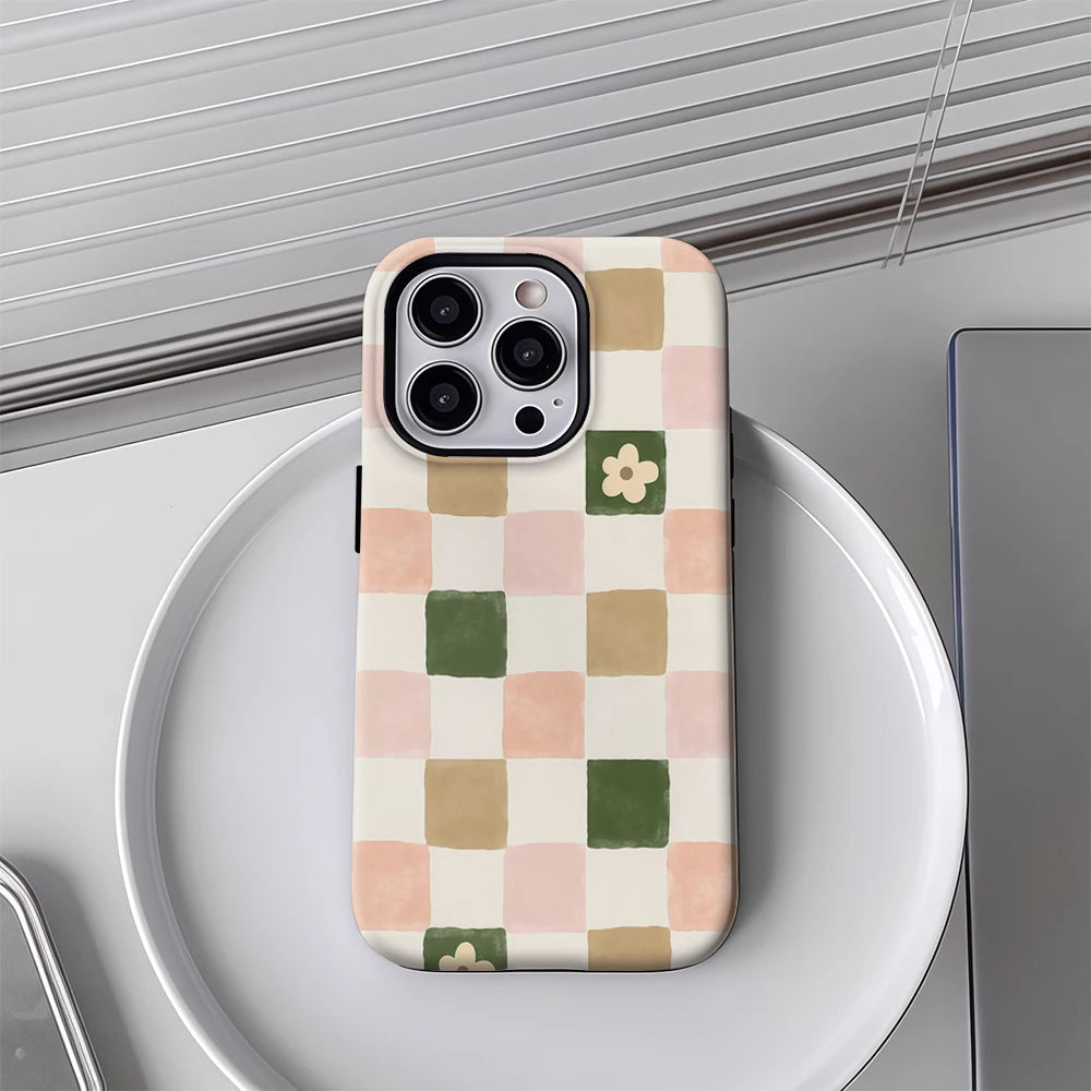 Flowers Checkerboard Case for iPhone 17 16 15 14 13 Pro Max Plus Double-Layer