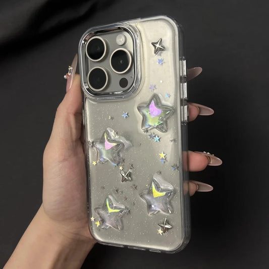 Korean Star Glitter Clear Case for iPhone 11–16 Pro Max – Lens Protective Cover