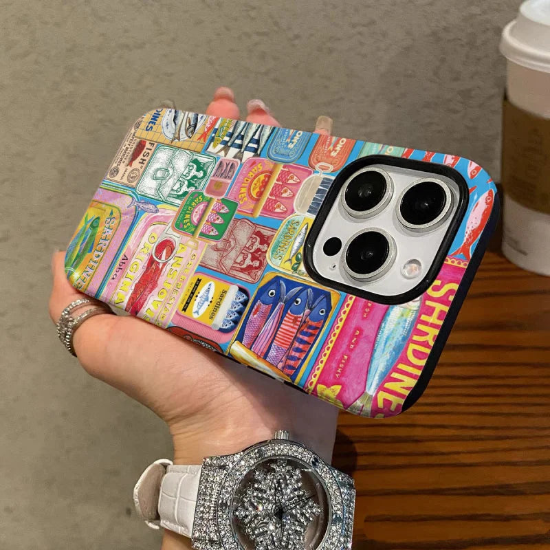Design-Conscious Sardine Cans 2-in-1 Tough Glossy Phone Case for iPhone 17–7 Plus XR