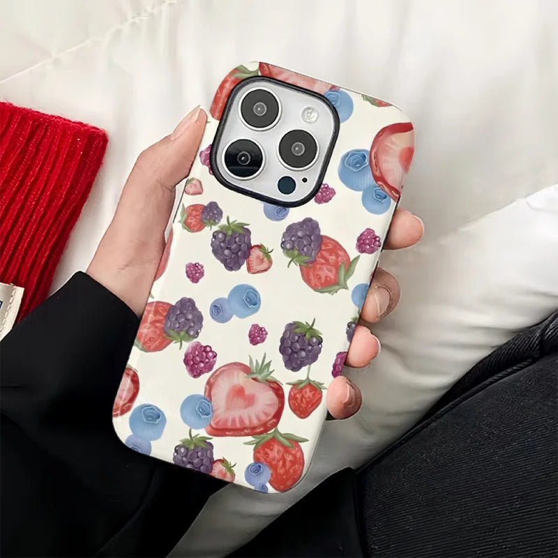 Cute Fruit Pattern 2-in-1 Glossy Tough Case for iPhone 17 Air 16 Pro Max 15 14 XR