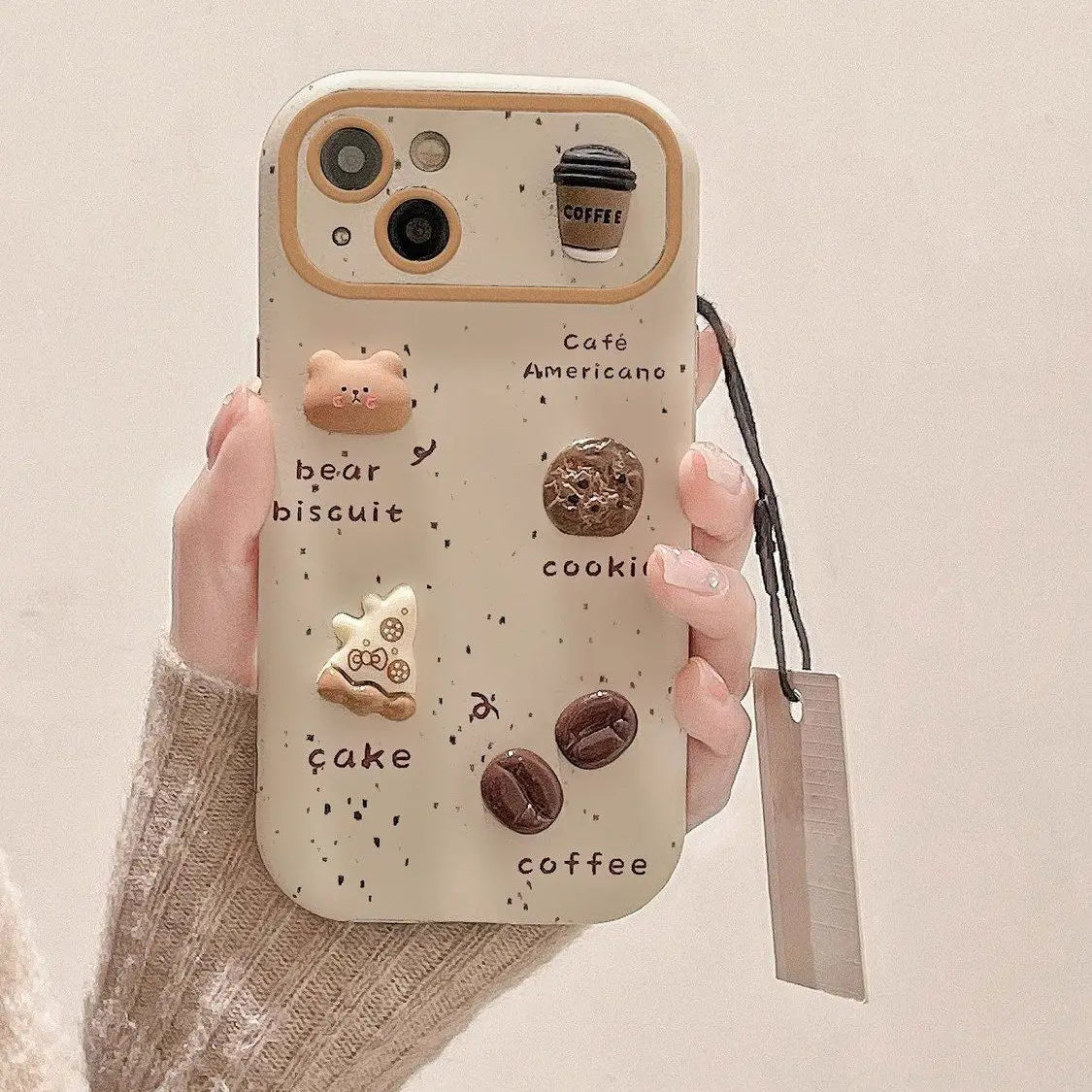 Cute Bear Coffee Phone Case with Lanyard for iPhone 11–15 Pro Max