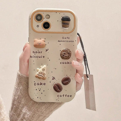 Cute Bear Coffee Phone Case with Lanyard for iPhone 11–15 Pro Max