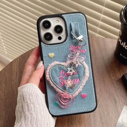 Denim Heart Pendant Case for iPhone 15 14 13 12 11 Pro Max Soft Bumper