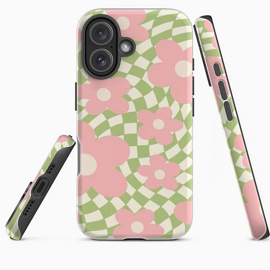 Pink Flowers Checkerboard Case for iPhone 17–11 | Double-Layer Cover