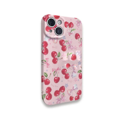 INS Pink Cherry Cartoon Full Screen Phone Case for iPhone 11–16 Pro Max Mini