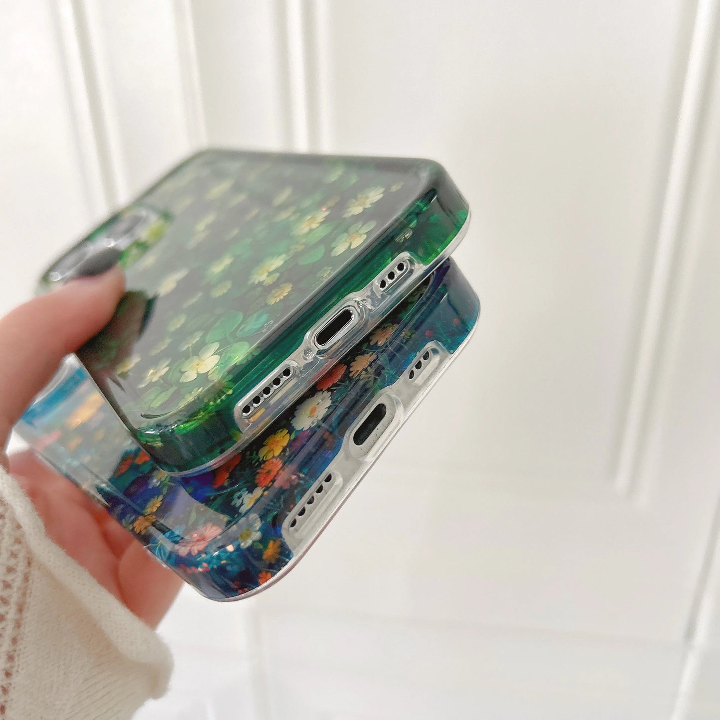 Korean INS Glitter Flowers Spring Vibe Case for iPhone 11–16 Pro Max Plus