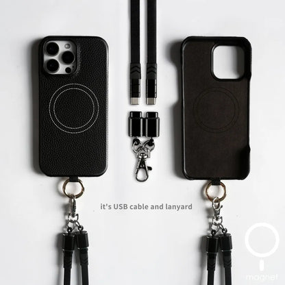 Leather MagSafe Case with USB Charging Lanyard for iPhone 16 Pro Max 15 14