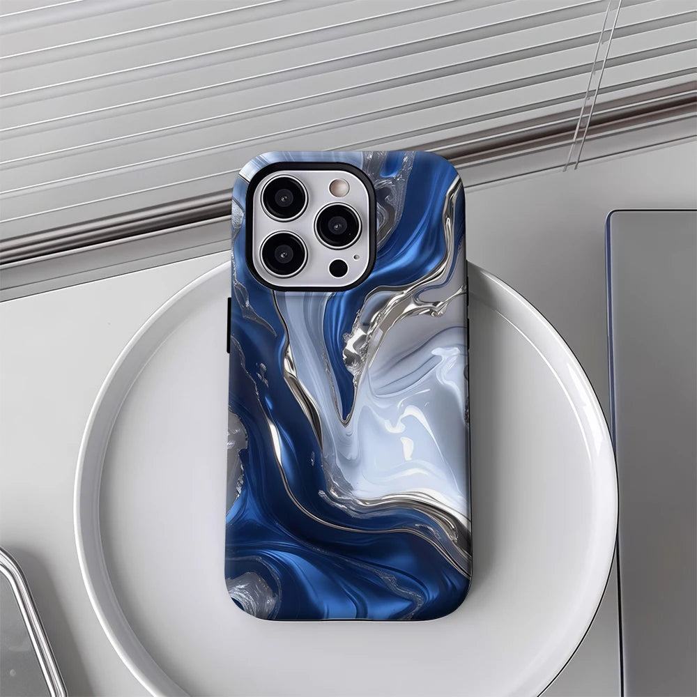 Blue and Silver Flow Texture Case for iPhone 17 16 15 14 13 12 Pro Max Plus