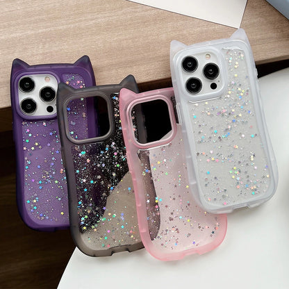 Cute Cat Ear Glitter Transparent Case for iPhone 16 15 14 13 12 11 Pro Max