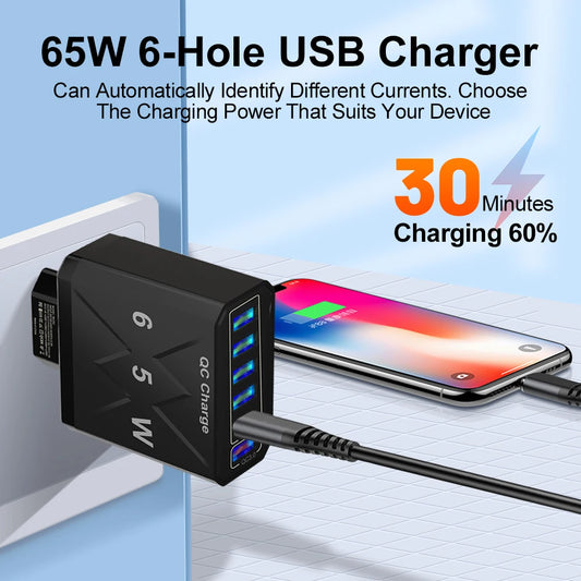 65W 6-Port USB Fast Charger QC3.0 Travel Adapter for iPhone Samsung Xiaomi