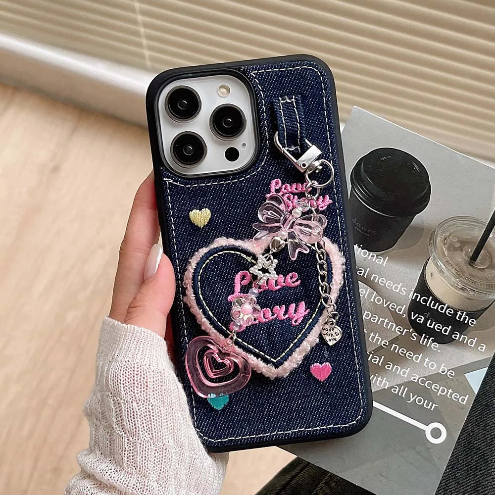 Denim Heart Pendant Case for iPhone 15 14 13 12 11 Pro Max Soft Bumper