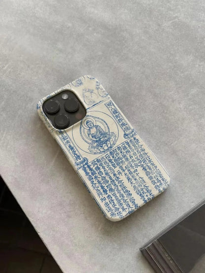Buddhist Culture Blue & White Ancient Scriptures Phone Case for iPhone 16–11 Series