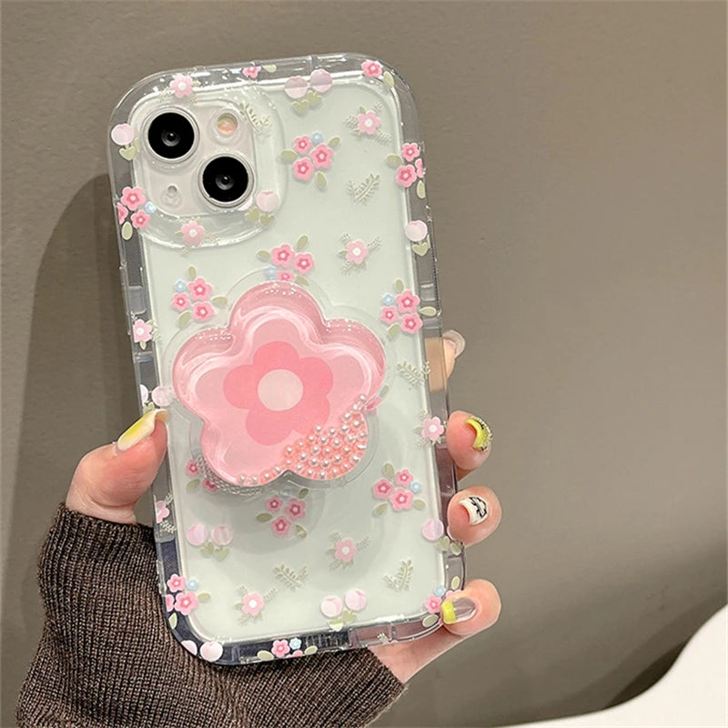 Quicksand Pink Flower Stand Case for iPhone 16 15 14 13 12 11 Pro Max