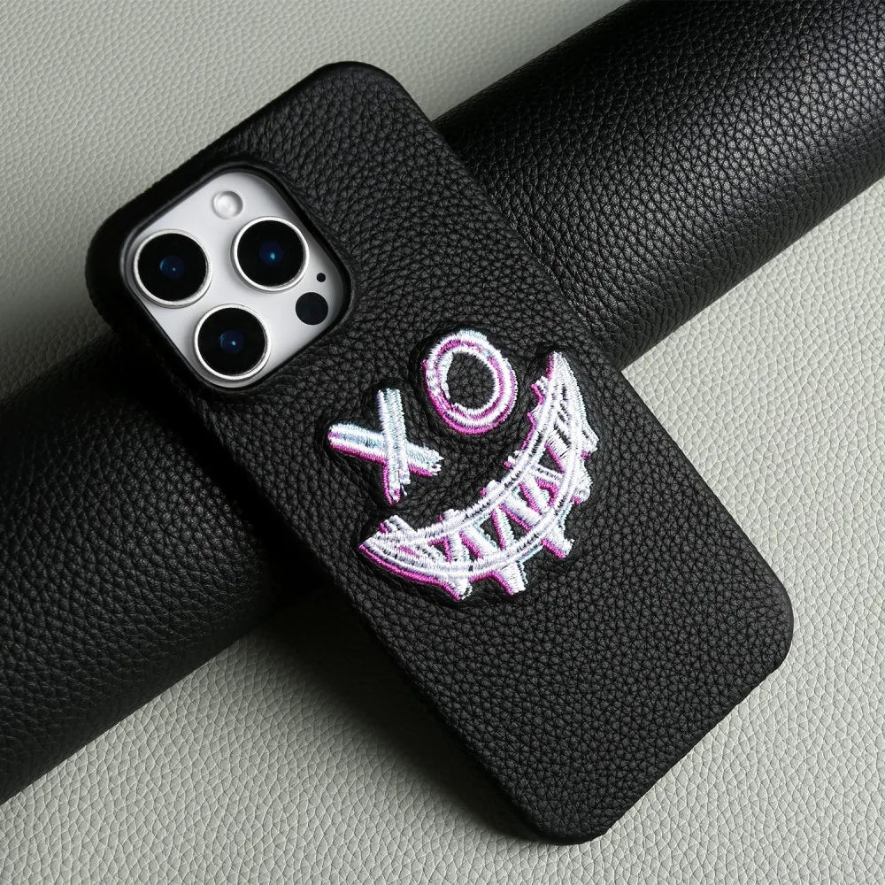 Stylish Embroidered Genuine Leather Case for iPhone 16 Pro Max to 11