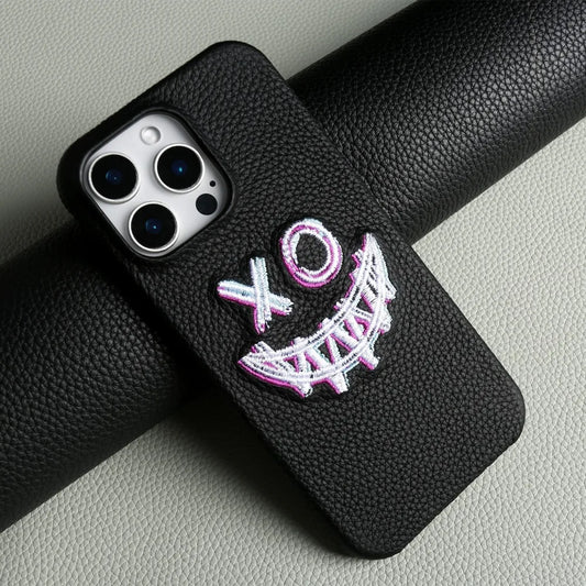 Stylish Embroidered Genuine Leather Case for iPhone 16 Pro Max to 11