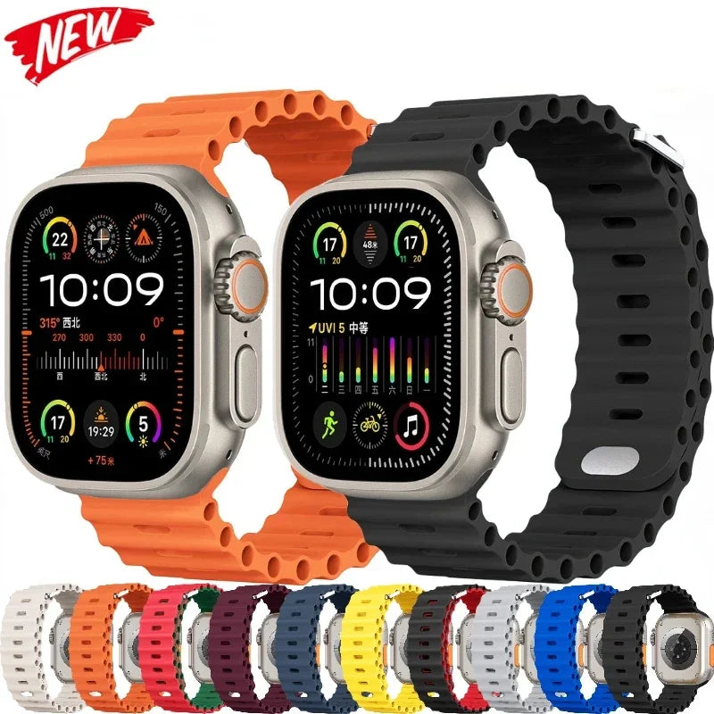 Ocean Silicone Strap for Apple Watch Ultra 2 & Series 9–3 SE, Adjustable 40–49mm Band