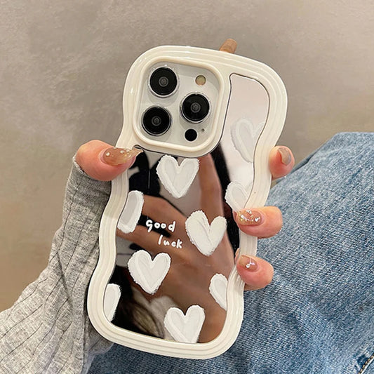 Korean White Heart Makeup Mirror Case For iPhone 16 15 14 13 12 11 Pro Max