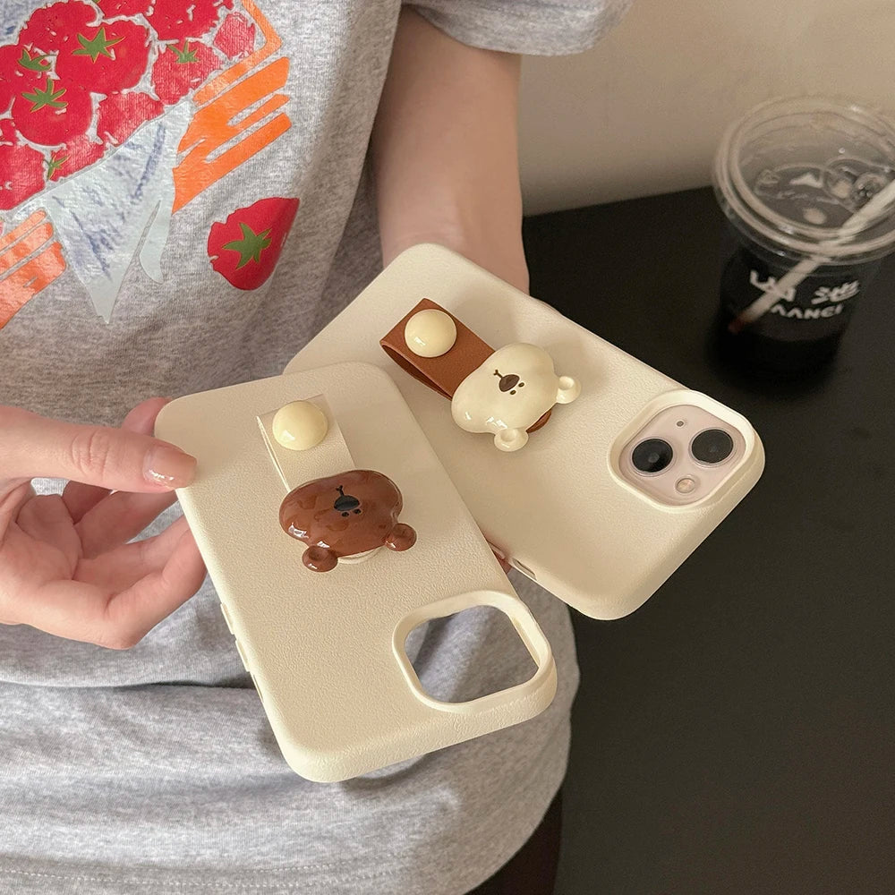 Korean 3D Bear Ring Holder Phone Case for iPhone 15 14 13 12 11 Pro Max