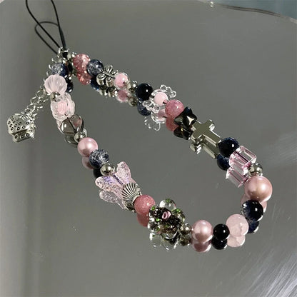 Y2K Pink Beaded Flower Butterfly Phone Charm Bracelet for iPhone