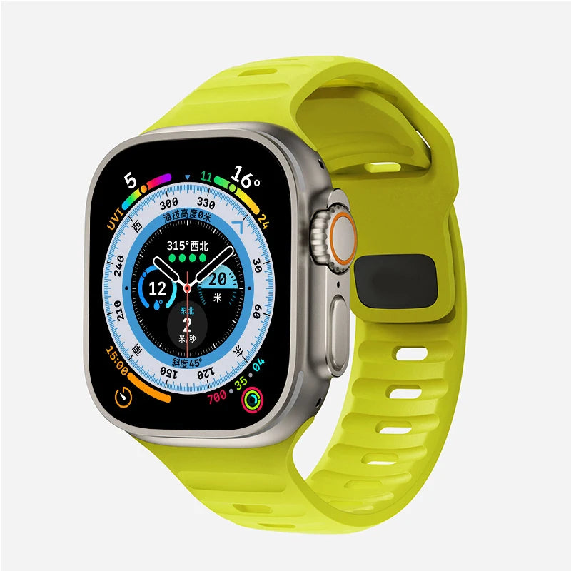Durable and comfortable silicone strap compatible with Apple Watch Series 5–9 & Ultra.