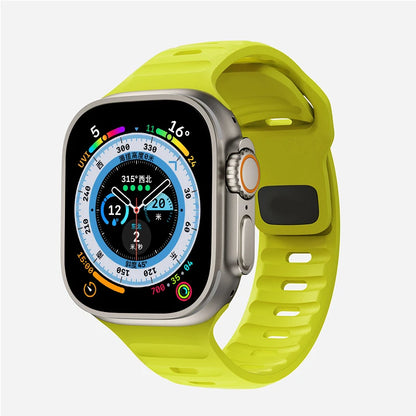 Durable and comfortable silicone strap compatible with Apple Watch Series 5–9 & Ultra.