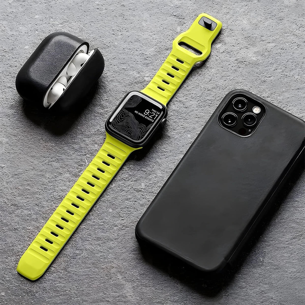 Durable and comfortable silicone strap compatible with Apple Watch Series 5–9 & Ultra.