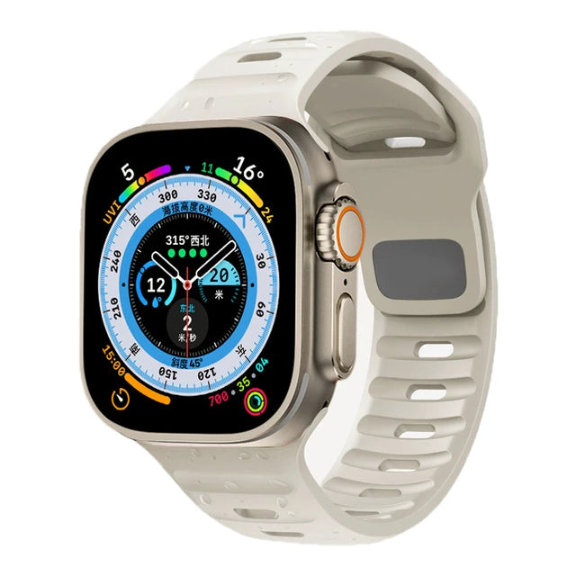 Durable and comfortable silicone strap compatible with Apple Watch Series 5–9 & Ultra.