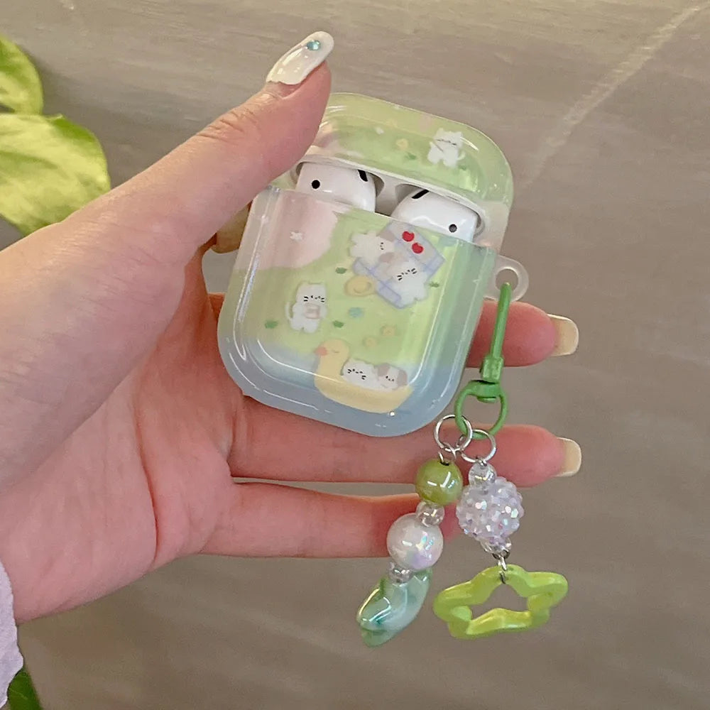 Cute Grass Dog & Cat Clear Case with Keychain for AirPods 1 2 3 4 Pro 2 Soft