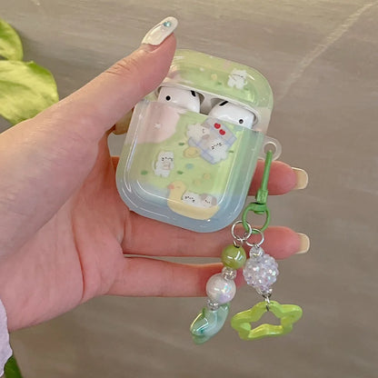 Cute Grass Dog & Cat Clear Case with Keychain for AirPods 1 2 3 4 Pro 2 Soft