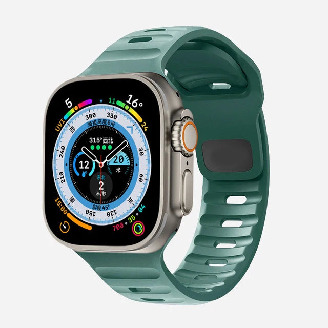 Durable and comfortable silicone strap compatible with Apple Watch Series 5–9 & Ultra.