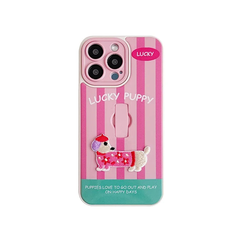 Cute Dachshund Ring Holder Case for iPhone 11–16 Pro Max – Stripe Design