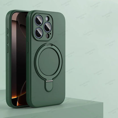 Magnetic Silicone Case with Kickstand Ring for iPhone 15 16 Pro Max Plus