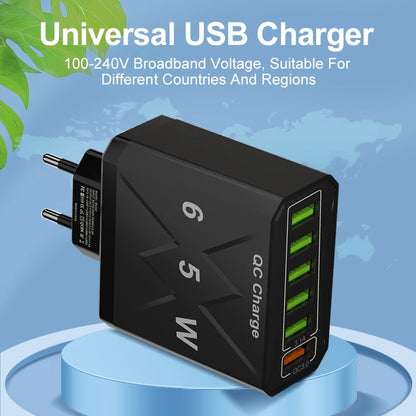 65W 6-Port USB Fast Charger QC3.0 Travel Adapter for iPhone Samsung Xiaomi