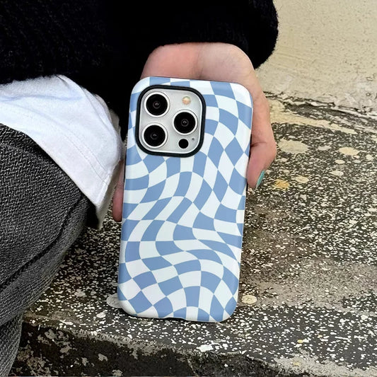 Luxury Blue Plaid Case for iPhone 16–7 Pro Max Fashion Double-Layer Cover