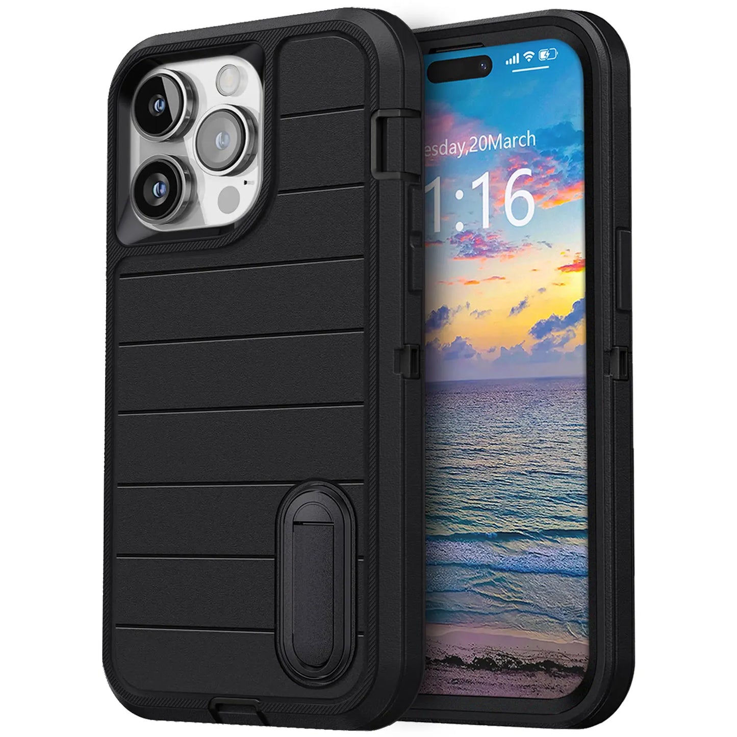 Layer Heavy Duty Kickstand Case for iPhone 15–15 Pro Max – Black Protective Cover
