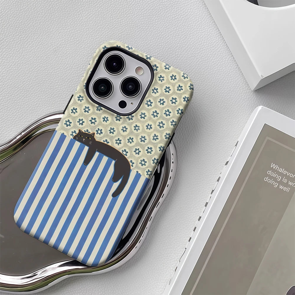 Cat with Blue and White Stripes Case for iPhone 17 16 15 14 13 12 Pro Max