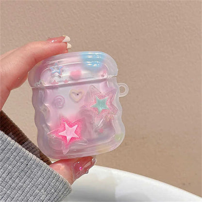 Korean 3D Pink Star Case with Heart Bead Pendant for AirPods 1 2 3 Pro 2 Soft
