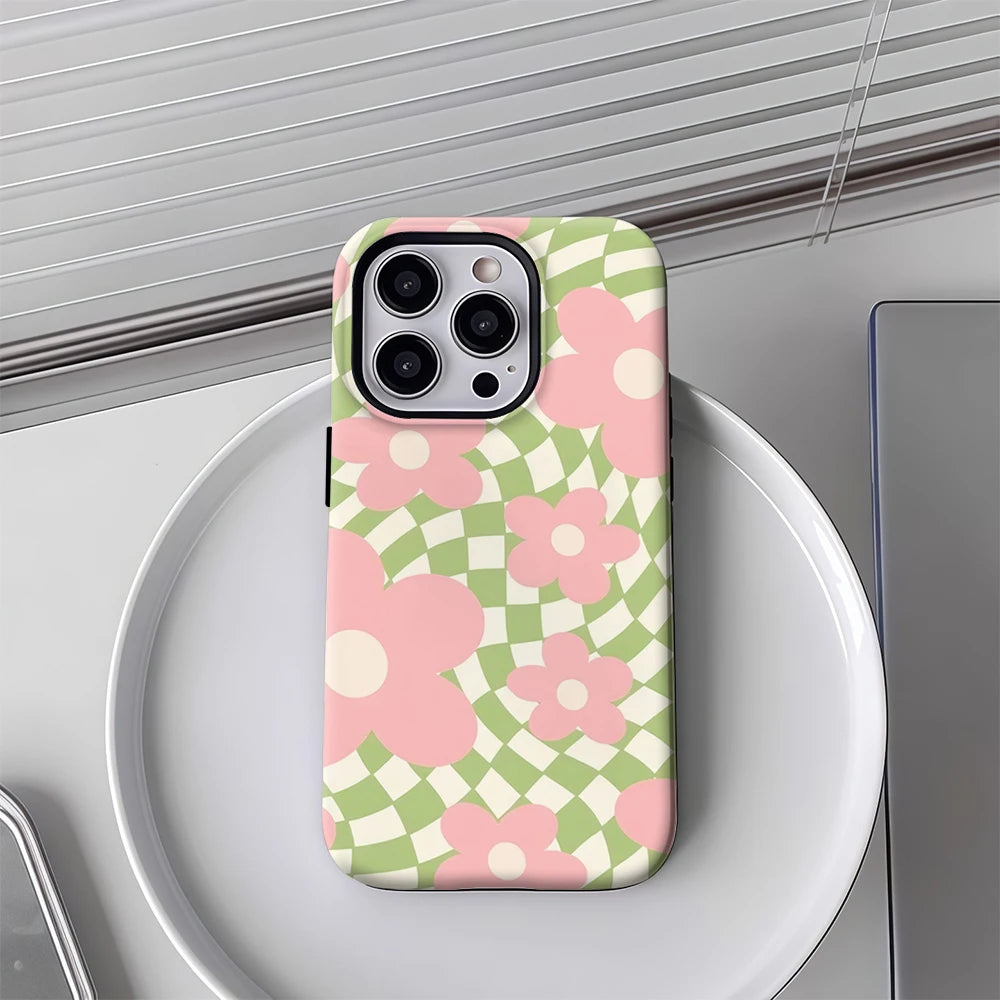 Pink Flowers Checkerboard Case for iPhone 17–11 | Double-Layer Cover