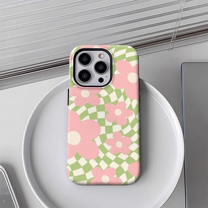Pink Flowers Checkerboard Case for iPhone 17–11 | Double-Layer Cover