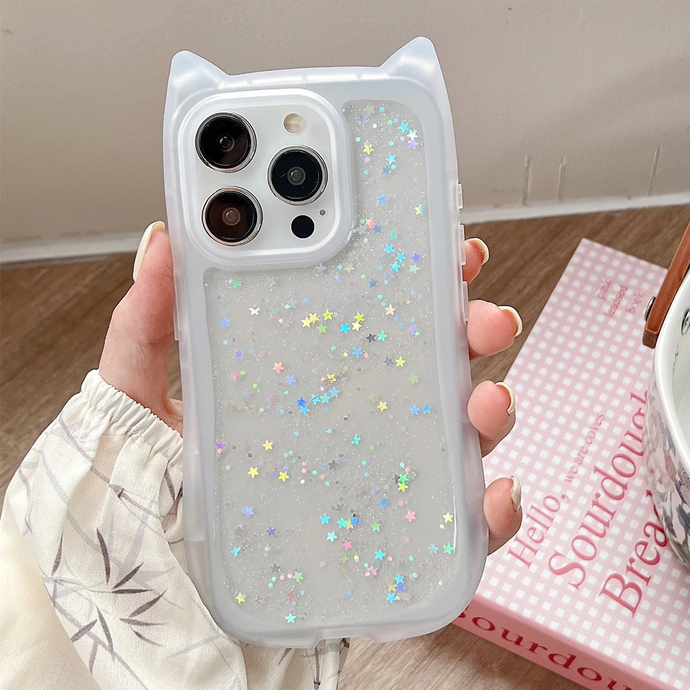 Cute Cat Ear Glitter Transparent Case for iPhone 16 15 14 13 12 11 Pro Max