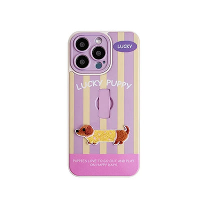 Cute Dachshund Ring Holder Case for iPhone 11–16 Pro Max – Stripe Design
